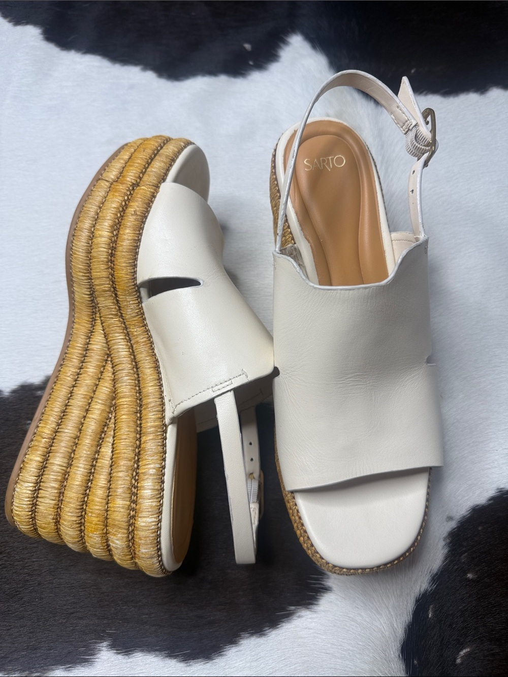 SARTO By Franco Sarto Cream Leather Espadrille Wedge Slingback Sandals